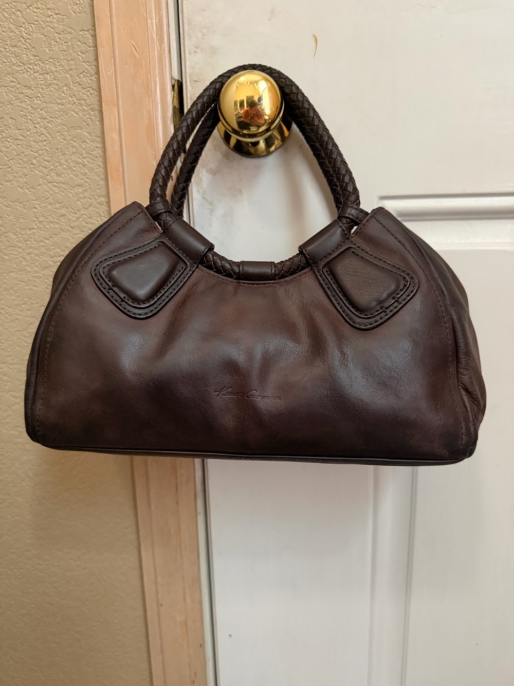 Kenneth Cole Vintage brown genuine leather top handle bag braided handle.